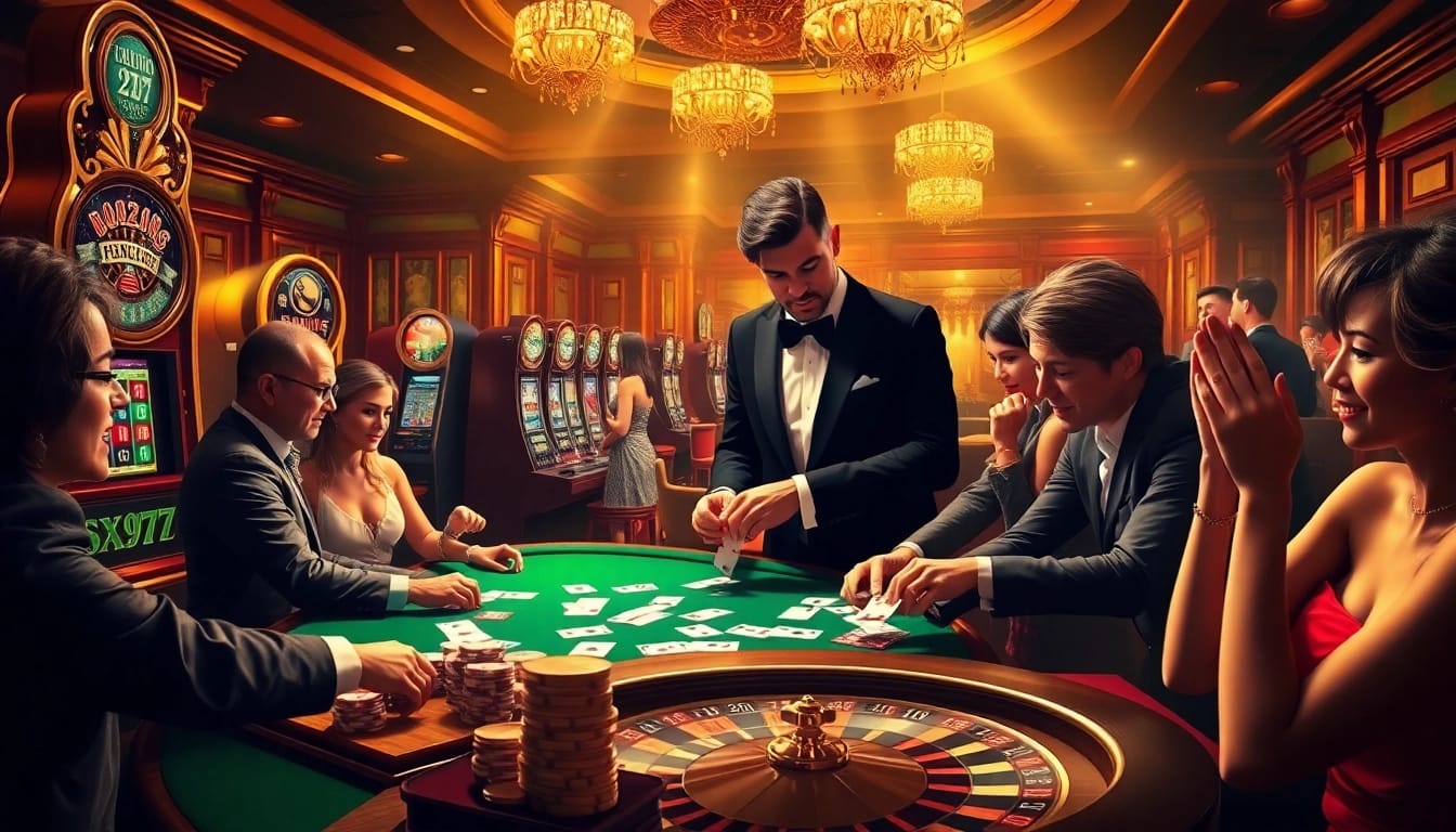 Exciting casino scene featuring 5Z777-themed poker chips, cards, and slot machines in a luxurious setting.
