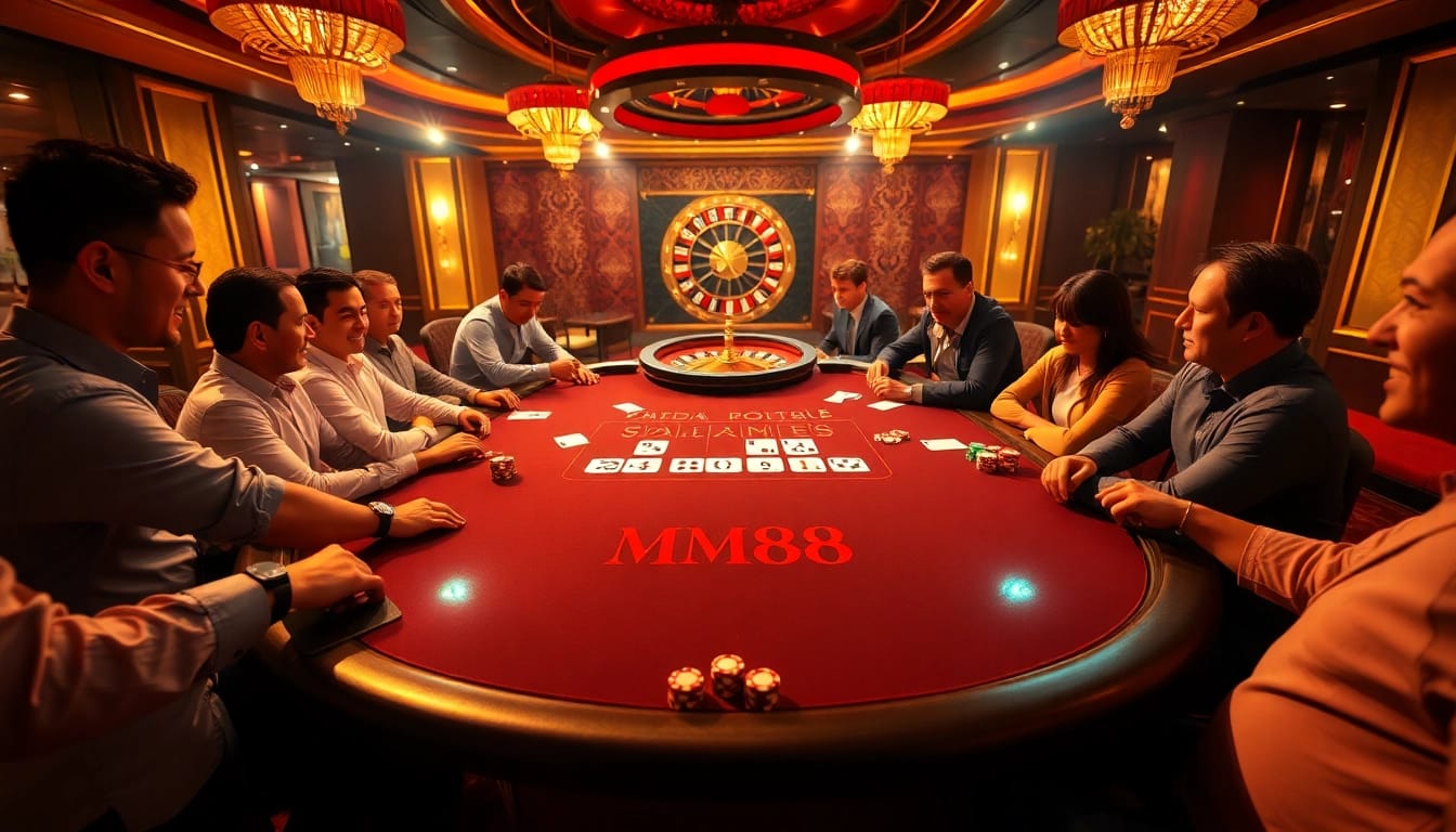 High-stakes poker action at an MM88 branded casino table with vibrant chips and cards.