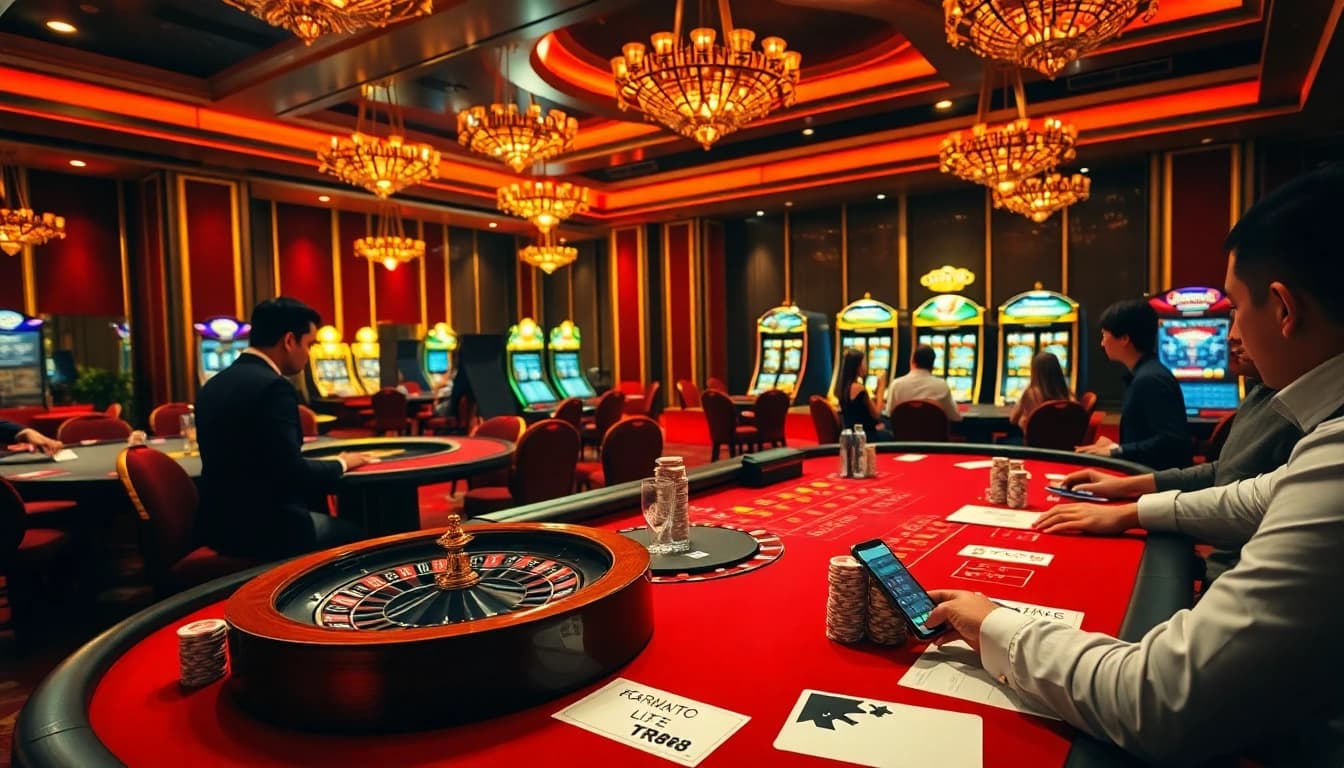 TR88 casino ambiance with vibrant gaming tables, poker chips, and a welcoming atmosphere.