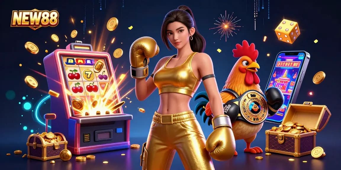 Experience the thrill of NEW88 with a stunning casino illustration showcasing exciting game elements.