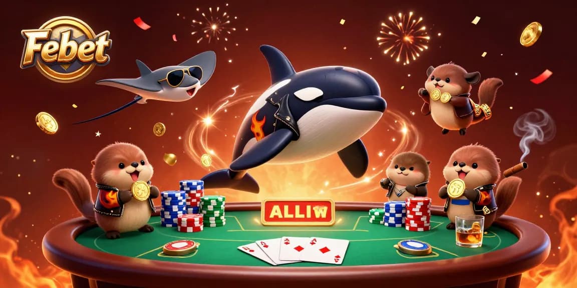 Experience winning at Febet with a vibrant casino scene featuring playful sea creatures and poker elements.