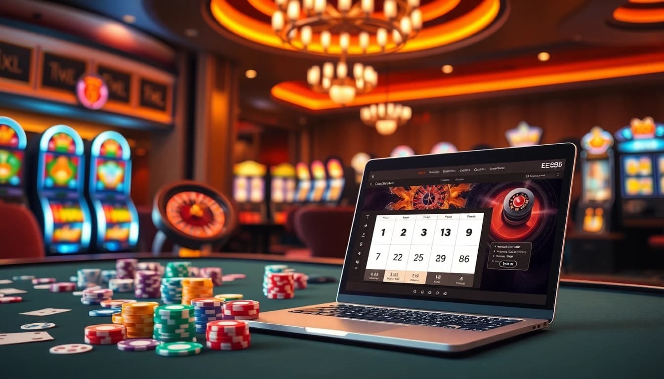 EE88 immersive gaming table with poker chips, roulette wheel, and vibrant online gaming interface