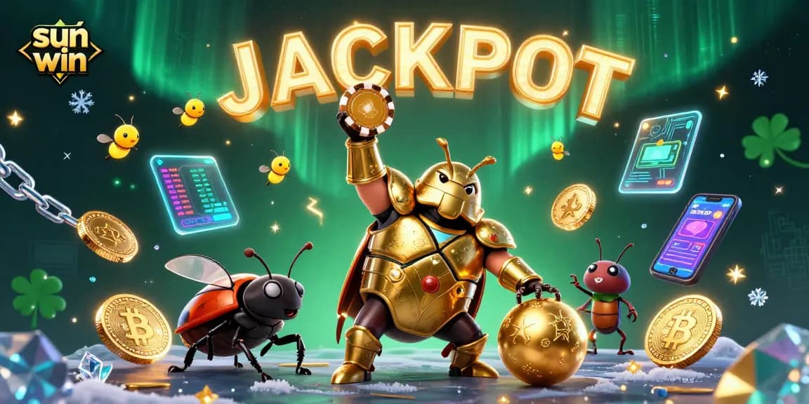 Experience the thrill of winning with sun win, where a heroic beetle celebrates victory amidst floating crypto coins.