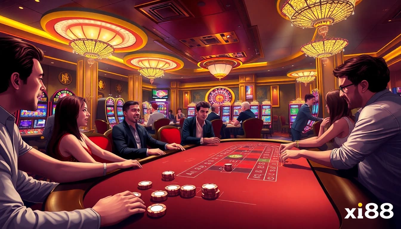 Experience the thrilling ambiance of xin88 as enthusiastic gamblers engage with vibrant casino games.
