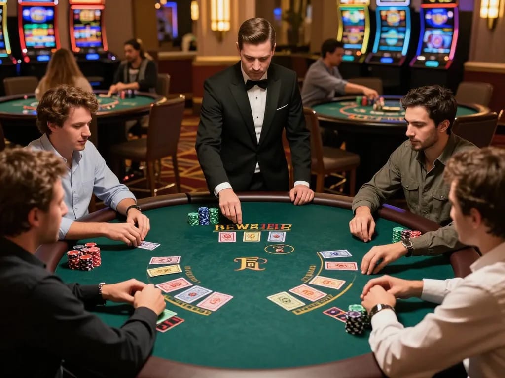 ZX88 players focusing on their strategies during an intense blackjack game in a vibrant casino atmosphere.