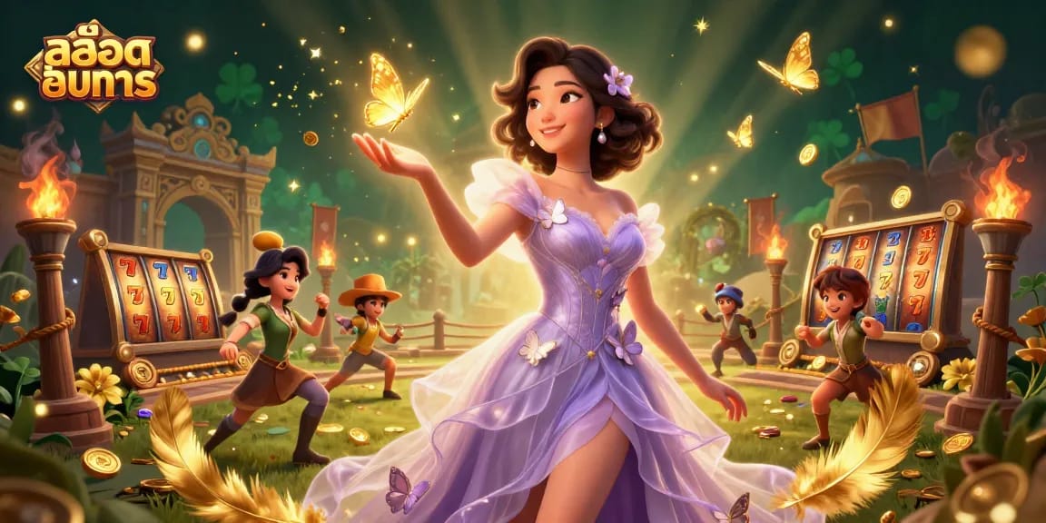 Experience สล็อตทดลอง gameplay with stunning visuals of an ethereal scene featuring slot elements and golden butterflies.