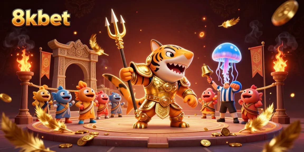 Experience thrilling action at 8xbet with a golden shark gladiator in an epic casino scene.