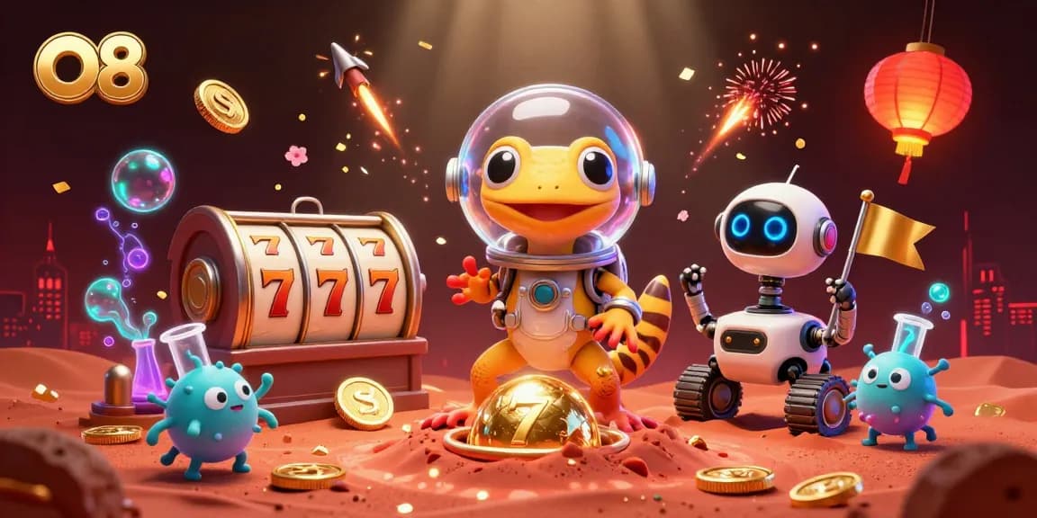 Experience thrilling gameplay at O8 with a Martian gecko discovering a golden casino amidst vibrant symbols.