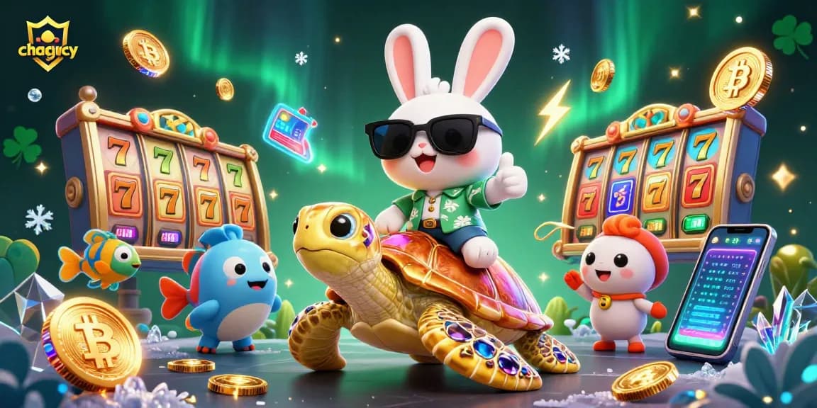 Join the fun at chagency with an engaging 3D rabbit riding a sea turtle in a lively casino scene.