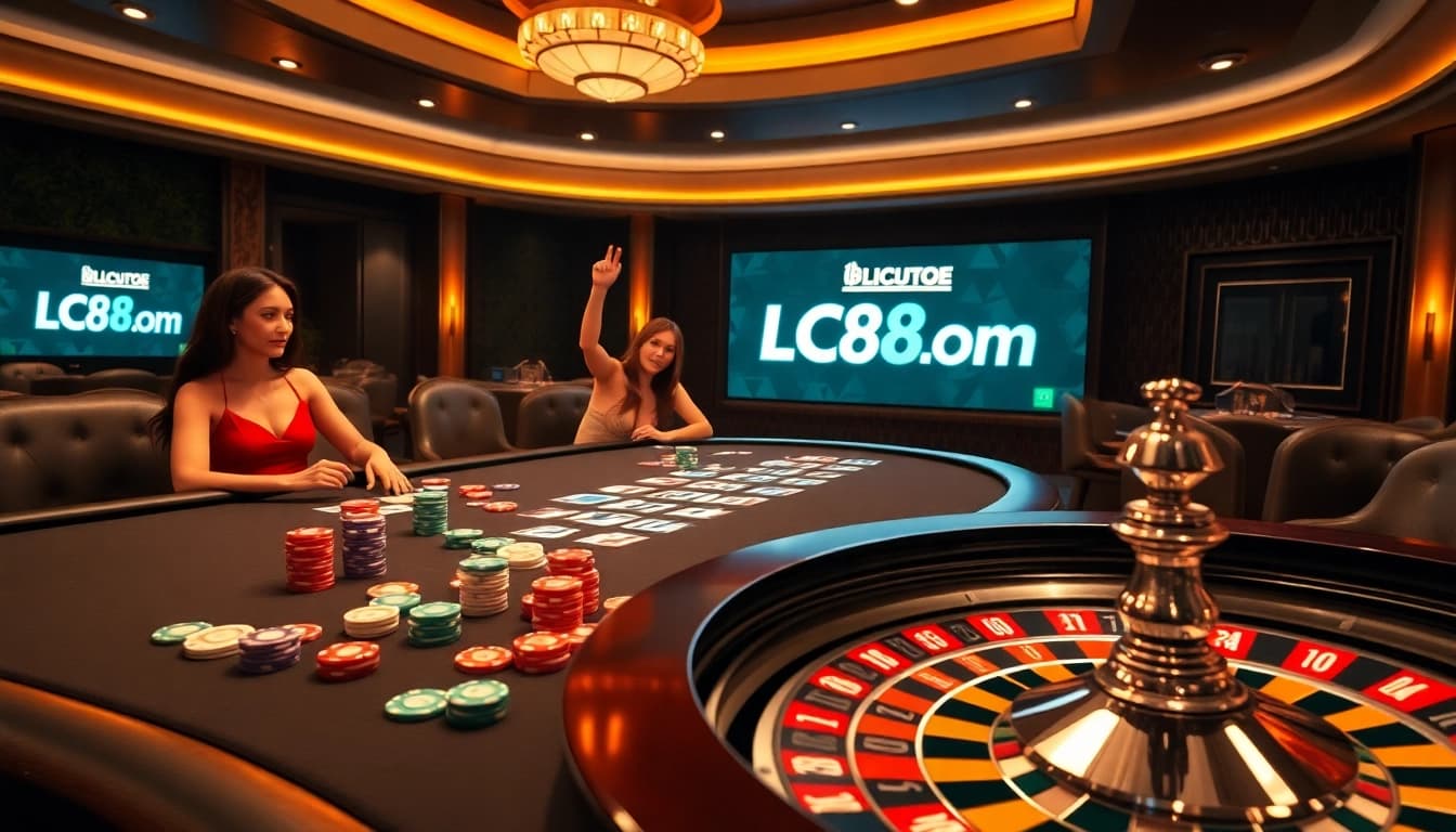 Players enjoying a thrilling moment at LC88 Com casino, surrounded by vibrant chips and illuminated cards.