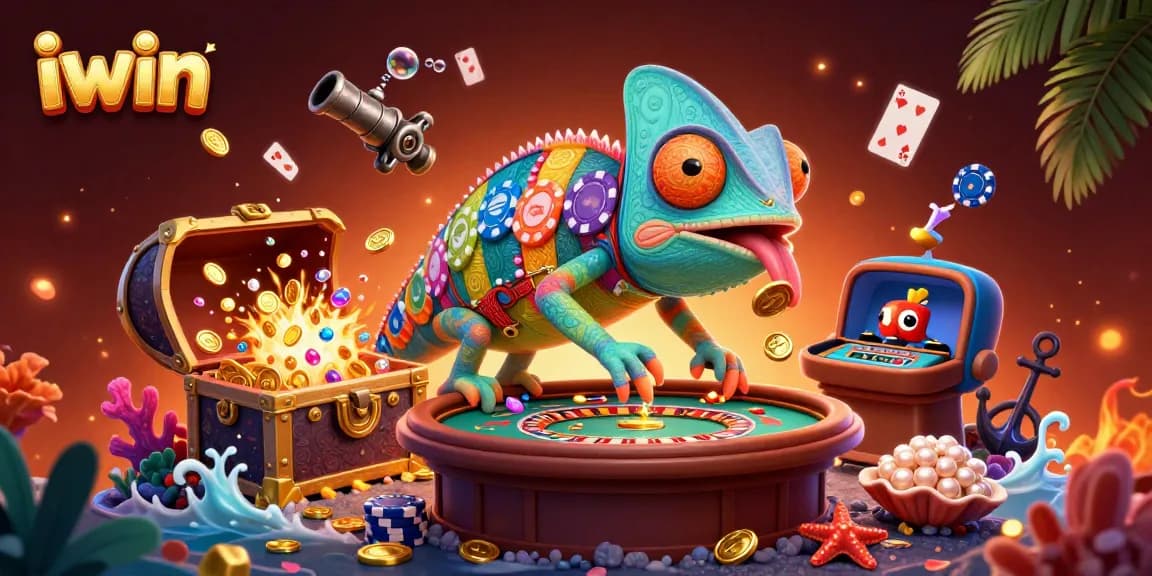 iwin chameleon casino owner catching golden coins in a vibrant underwater treasure scene