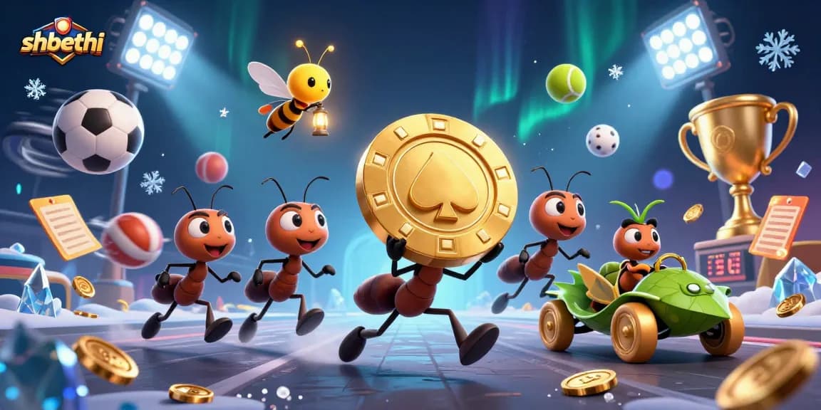 Engaging scene of shbethi, featuring 3D cartoon ants escaping with a giant golden poker chip amidst sports elements.
