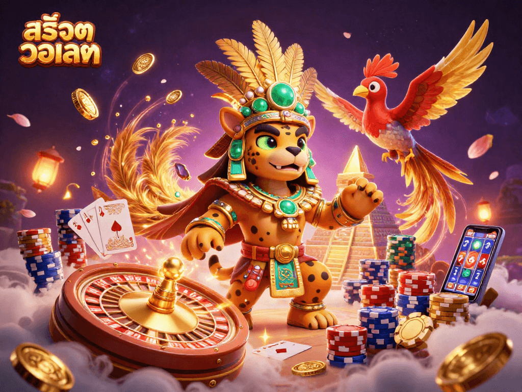 Engage in thrilling gameplay with สล็อตวอเลท, featuring a Mayan jaguar priest, roulette wheel, and dazzling jewels.