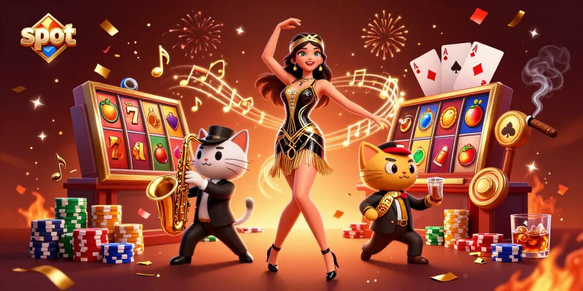 Spinning slot reels and a flapper dancer celebrating wins at a vibrant casino scene.
