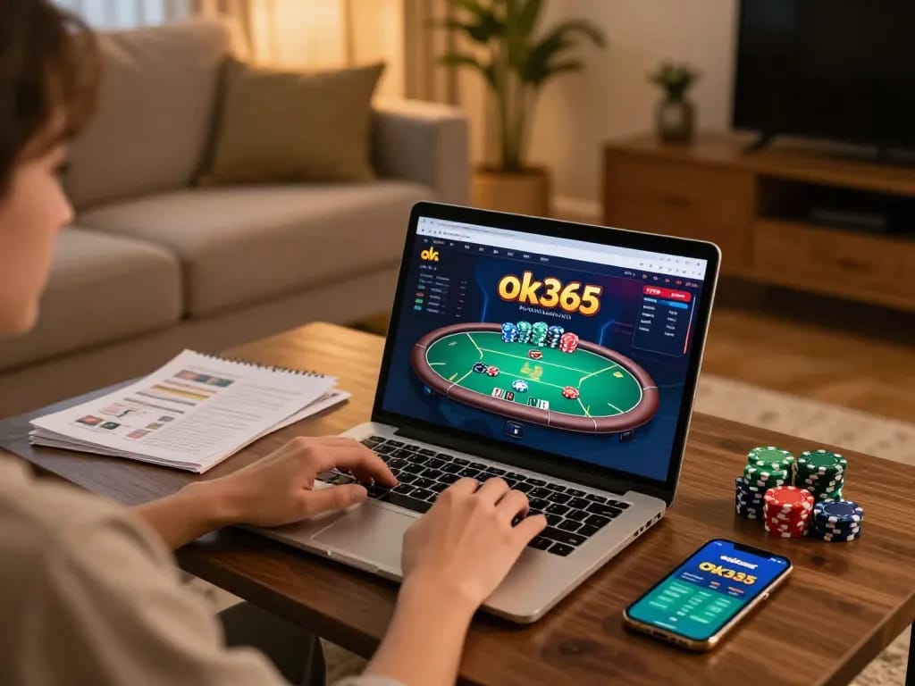 Player engaging with ok365 online casino on laptop, showcasing vibrant poker interface in a cozy home setup.