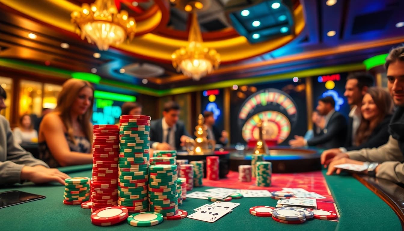Experience the thrill of vvvwin with engaging poker chips and a vibrant casino scene.