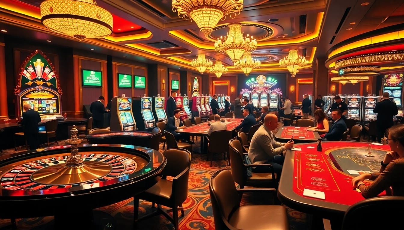 Experience the excitement at jun88.com with players enjoying poker, roulette, and slot machines in a vibrant casino atmosphere.