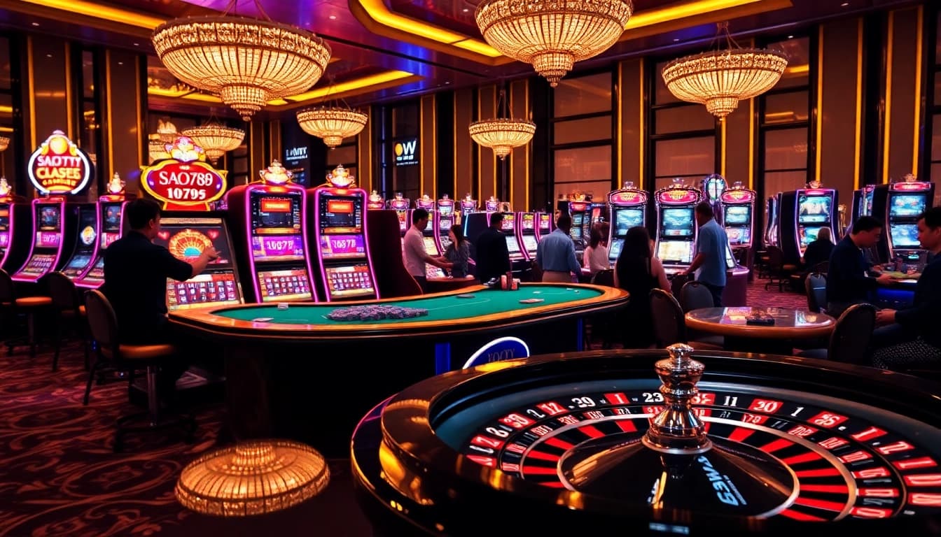 Experience high-stakes excitement at SAO789's vibrant casino with poker tables and colorful slot machines.