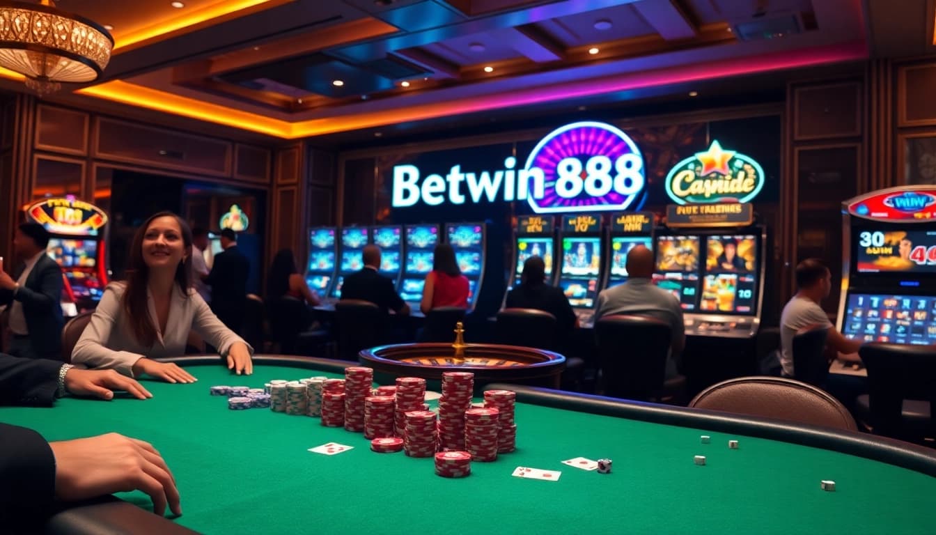 Join the excitement at Betwin88 with vibrant casino visuals featuring poker tables and slot machines.
