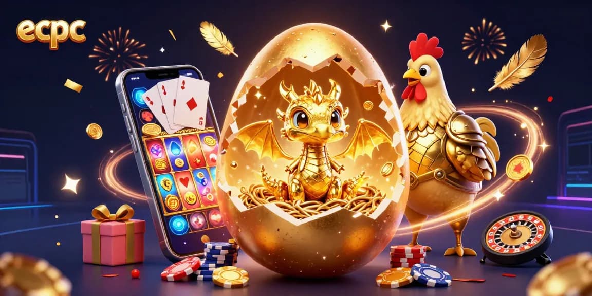 ecpc showcases a golden baby dragon amidst poker chips, celebrating casino gaming with vibrant visual energy.