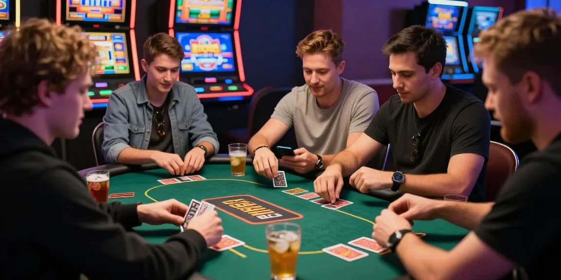 Friends enjoying an exciting game at credit card casinos UK, showcasing vibrant gaming environment and social interaction.