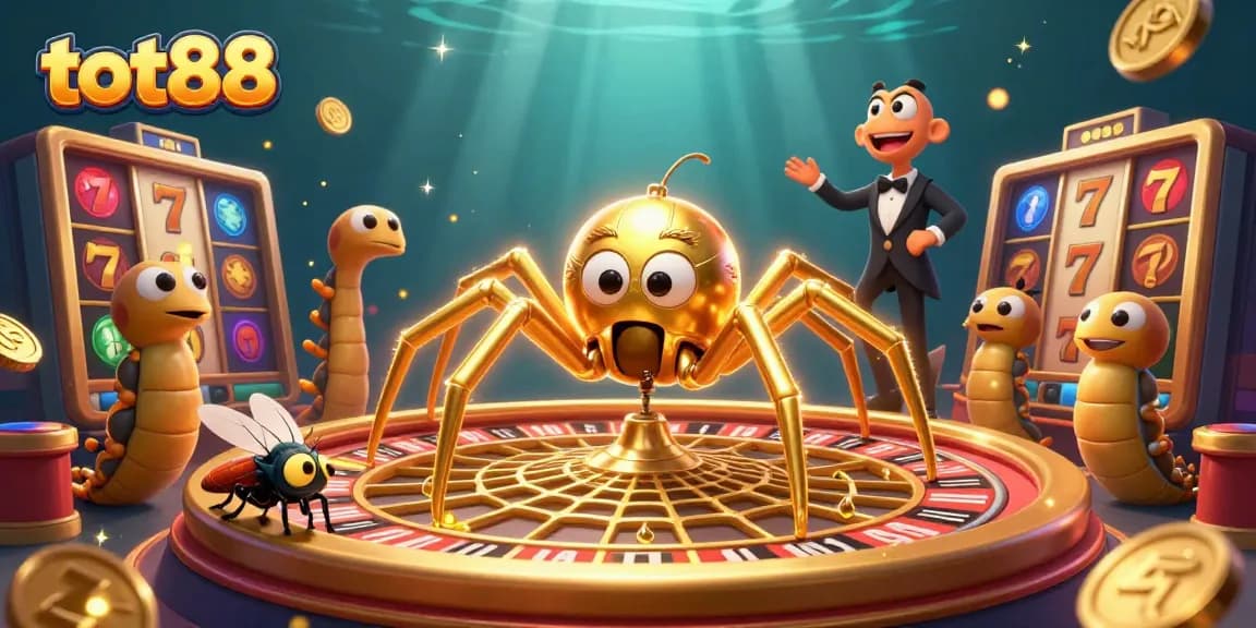 tot88's golden spider and croupier dominate the casino scene with roulette elements and spinning reels.