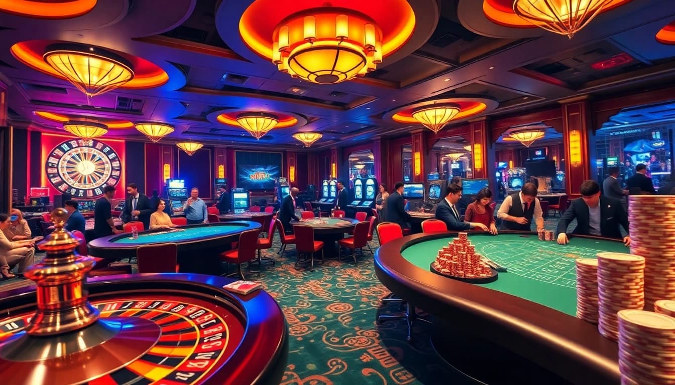 Experience the thrill of gambling at win 678 with vibrant casino games, luxurious decor, and excited players.