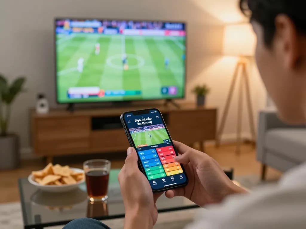 Engaging in kèo nhà cái hôm nay betting action on smartphone in a cozy home setting