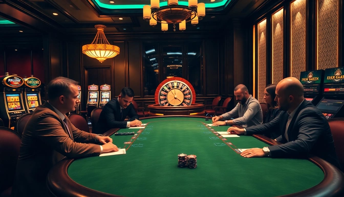Engaged players at a luxurious casino table showcasing rikvip poker strategy.