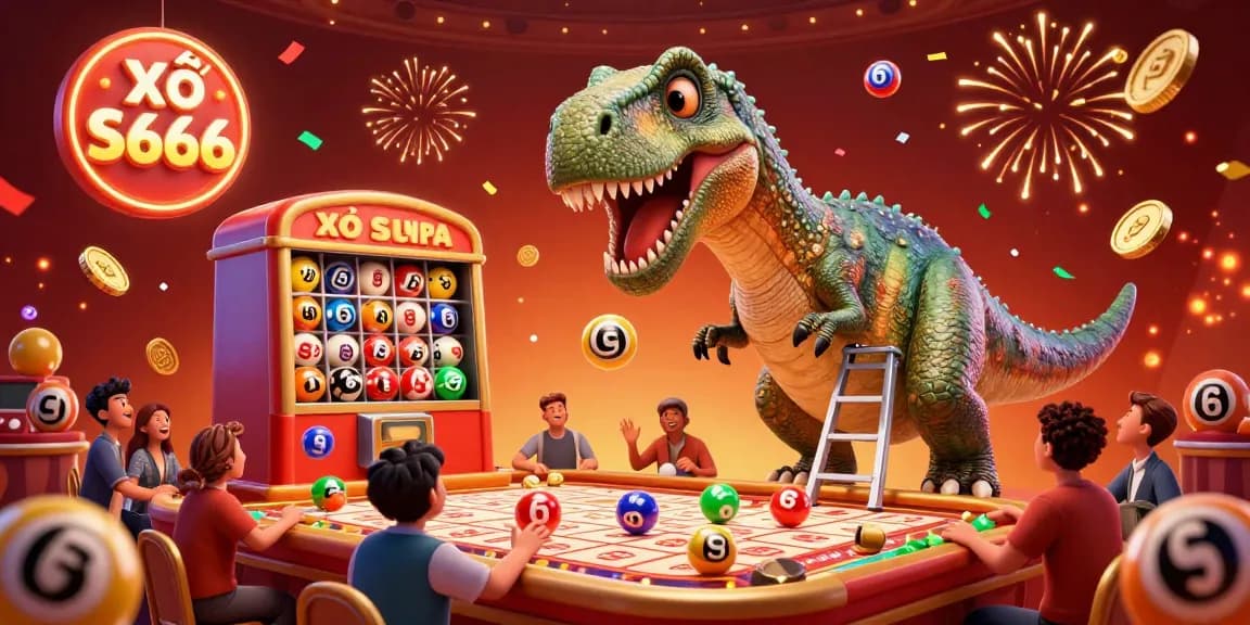 Xổ số S666 brings excitement with giant brontosaurus and clever raptor dealing lottery balls amidst vibrant casino elements.