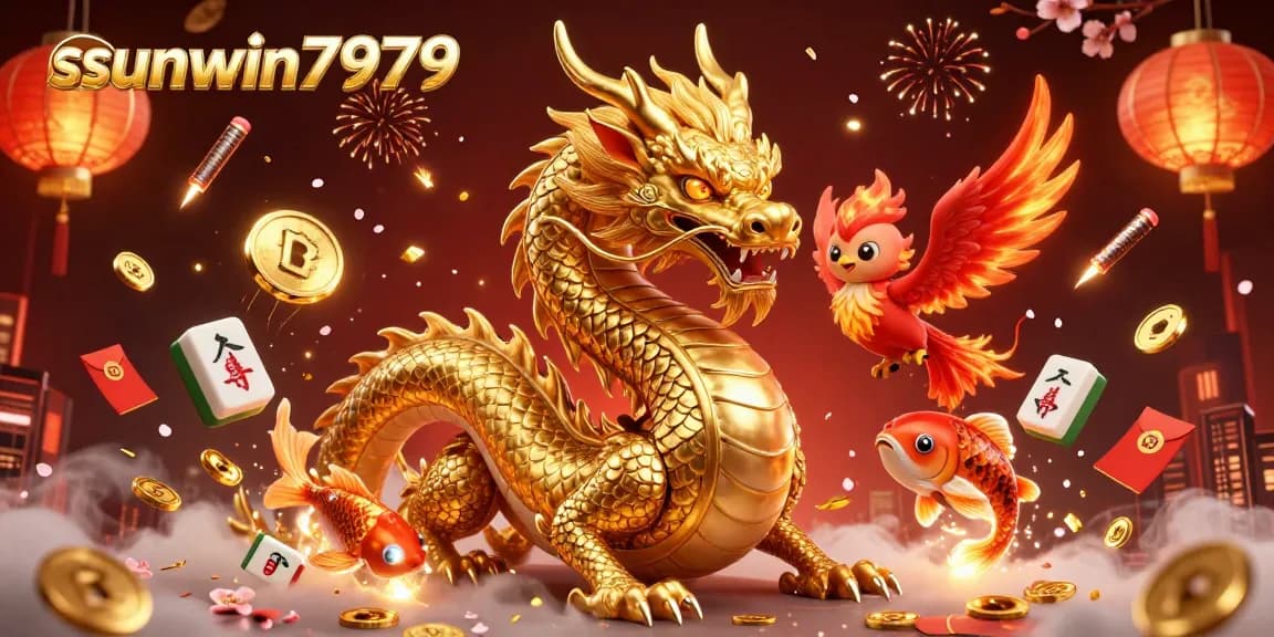 Experience thrilling moments at sunwin7979 with a dynamic scene of a dragon, phoenix, and koi amidst gold coins and exciting gambling elements.