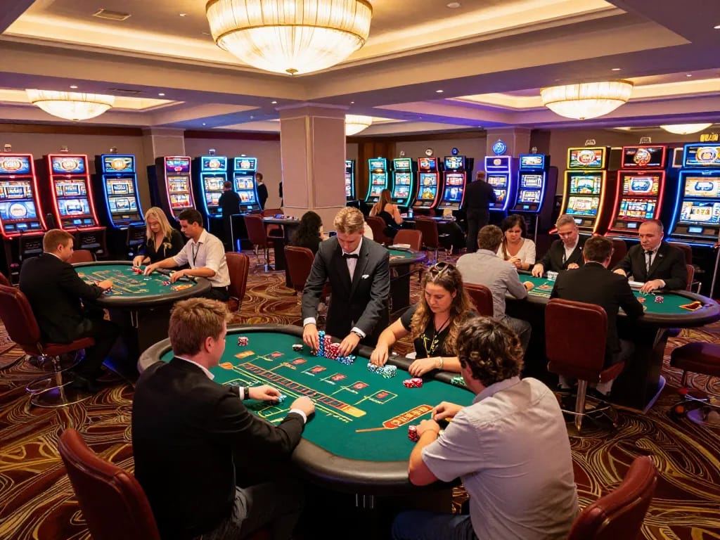 Players engaging in strategic gameplay at nhà cái ww88 casino, featuring green felt blackjack tables and vibrant atmosphere