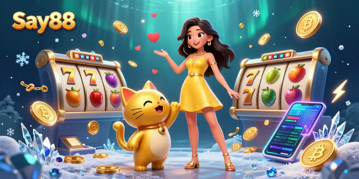 Engage in thrilling moments with Say88, a vibrant 3D casino scene filled with joyful characters and dynamic game elements.