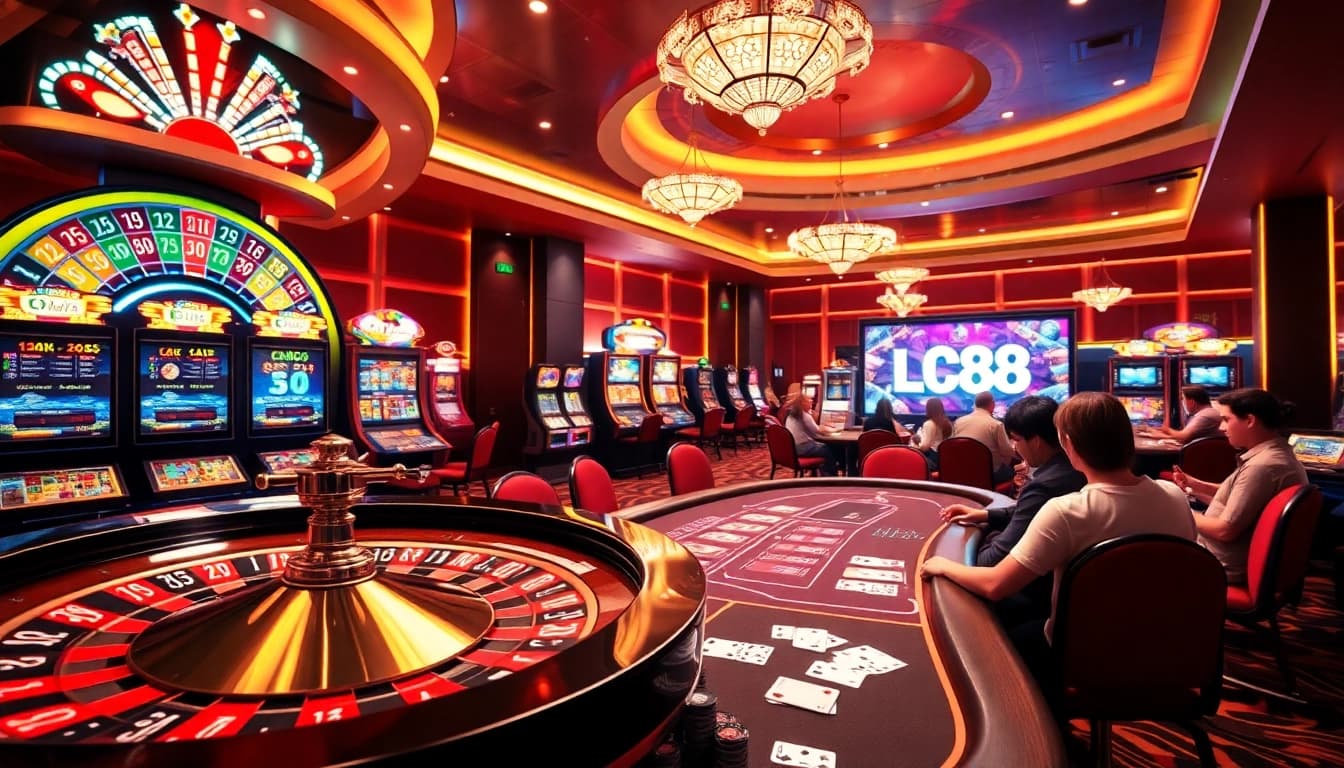 Experience the excitement of casino gaming with LC88's vibrant atmosphere featuring roulette, slots, and poker.