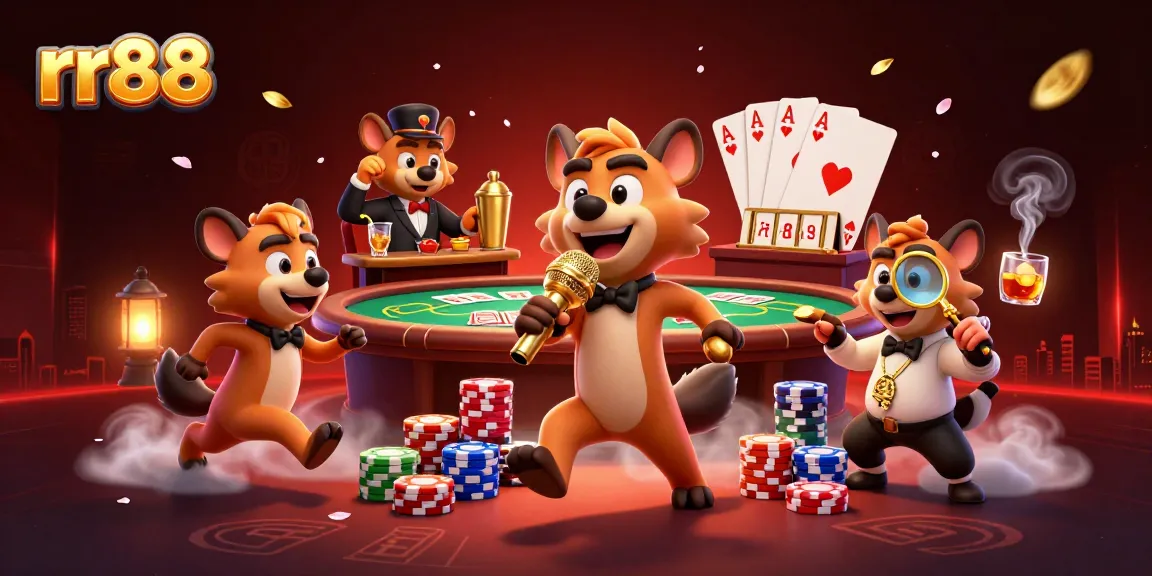 Experience the vibrant atmosphere of rr88 with hyenas in a casino scene featuring poker elements and golden lighting.