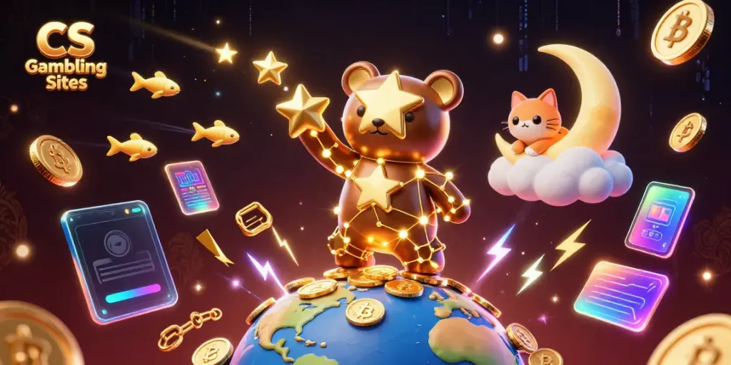 Scoop up coins in an ultra-detailed 3D scene showcasing CS Gambling Sites, featuring a constellation bear and NFT elements.