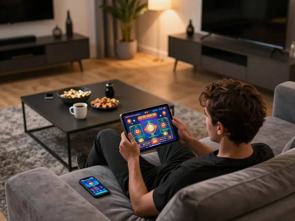 Engaging in online gaming at home with nk88mvp app highlighted on screen