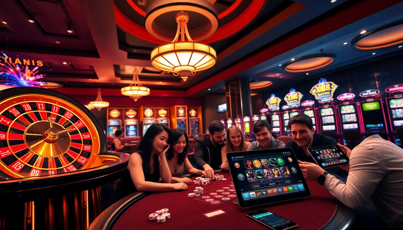 Engaged players enjoying the gaming experience at XX88 casino, featuring vibrant tables and slot machines.