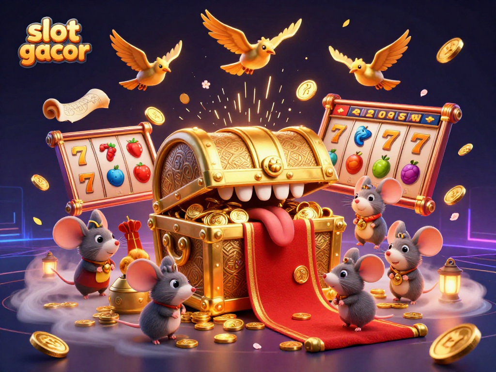 Engage with slot gacor dynamics through a vibrant 3D treasure scene filled with animated casino elements.