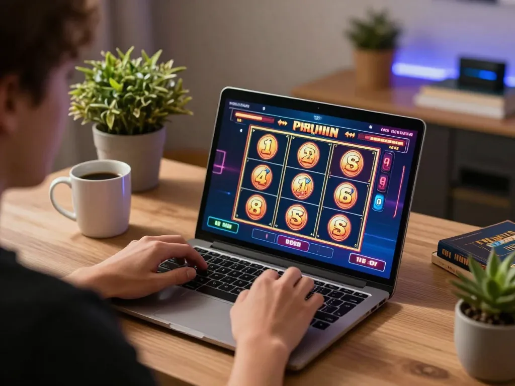 Engaged player enjoying slot online gaming on a laptop with vibrant graphics in cozy home setting.