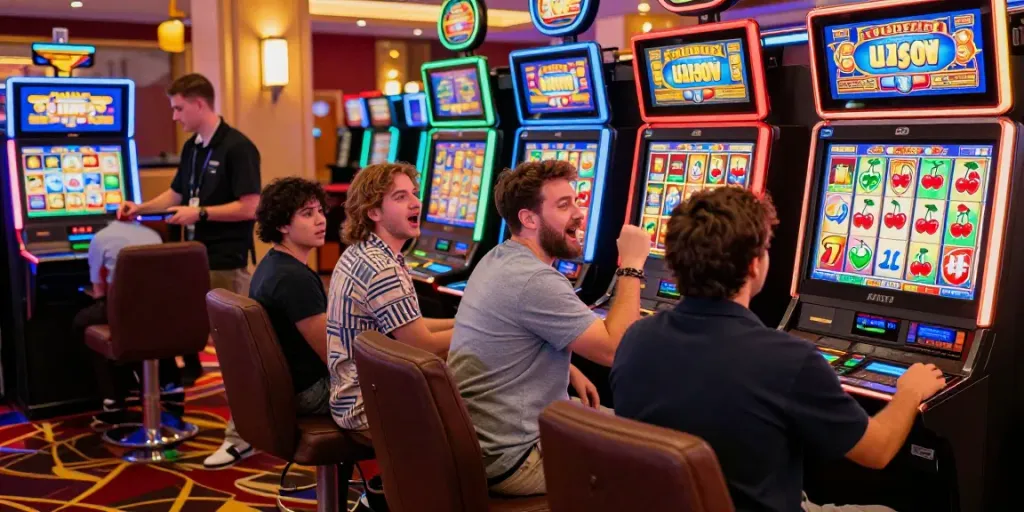 Players celebrating around the Lucky777 slot machine in a vibrant casino.