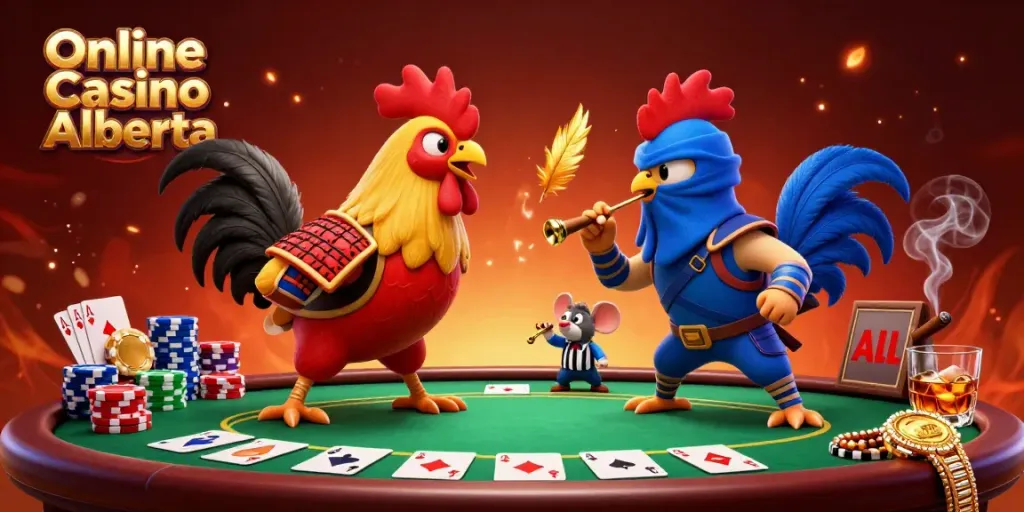 Engage with thrilling Online Casino Alberta action featuring dramatic standoff of cartoon roosters amidst poker elements.