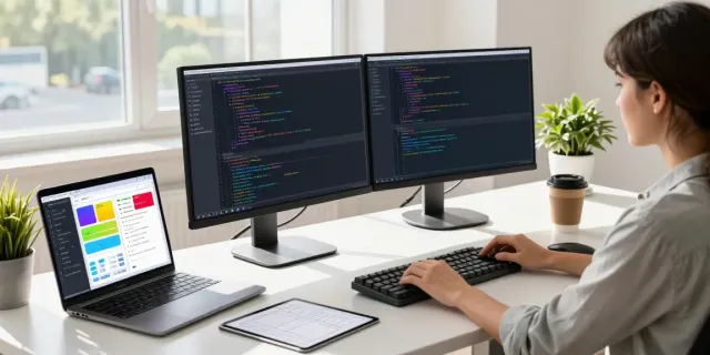The A80 website workspace with a developer coding at dual monitors, showcasing vibrant tech design.