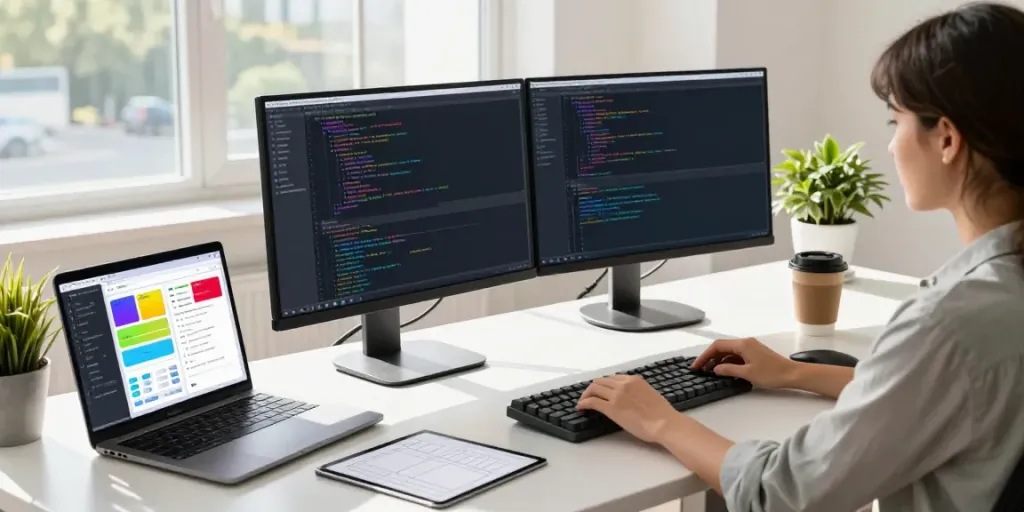 The A80 website workspace with a developer coding at dual monitors, showcasing vibrant tech design.