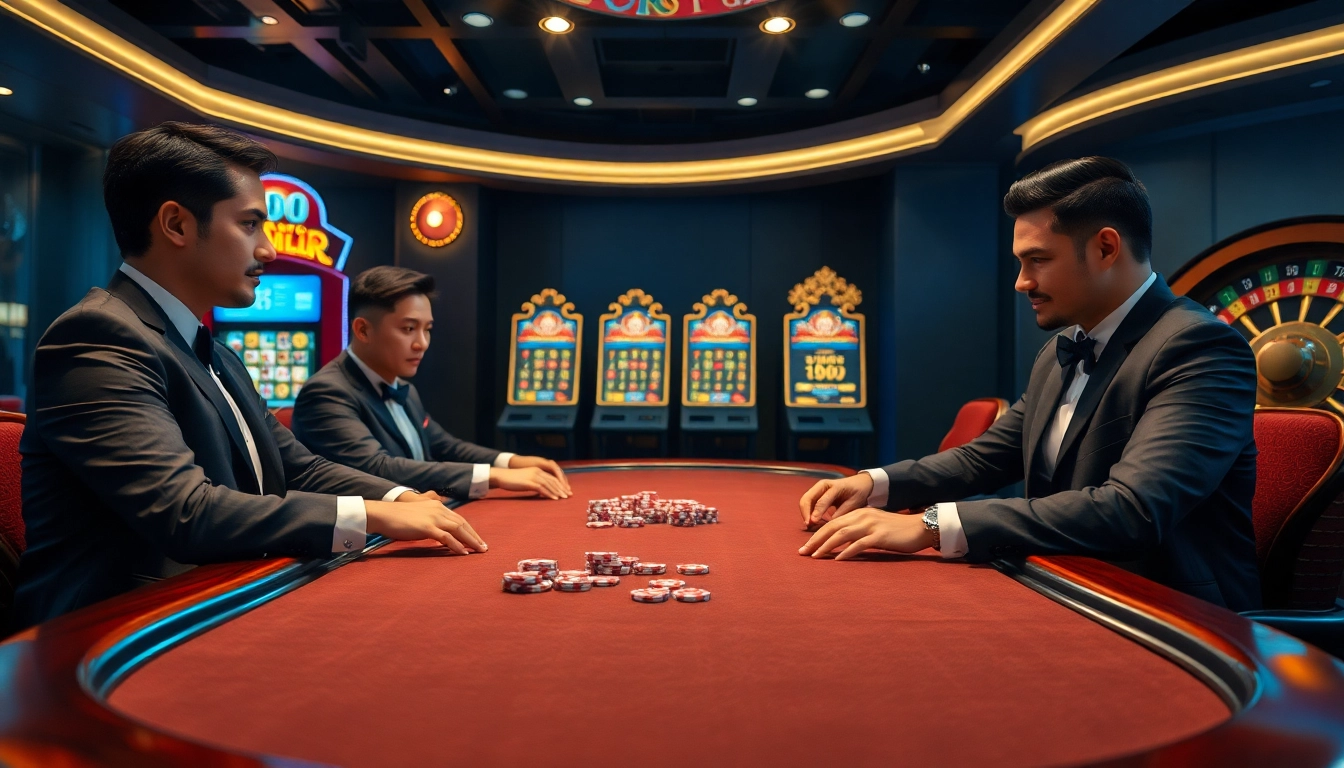 Participate in an exciting game at BJ 888 with vibrant casino elements and professional players.