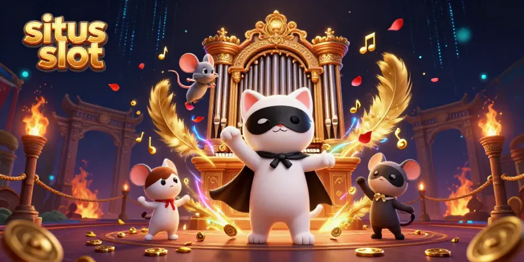 Experience situs slot excitement with a captivating phantom cat and acrobat in a glamorous casino scene.