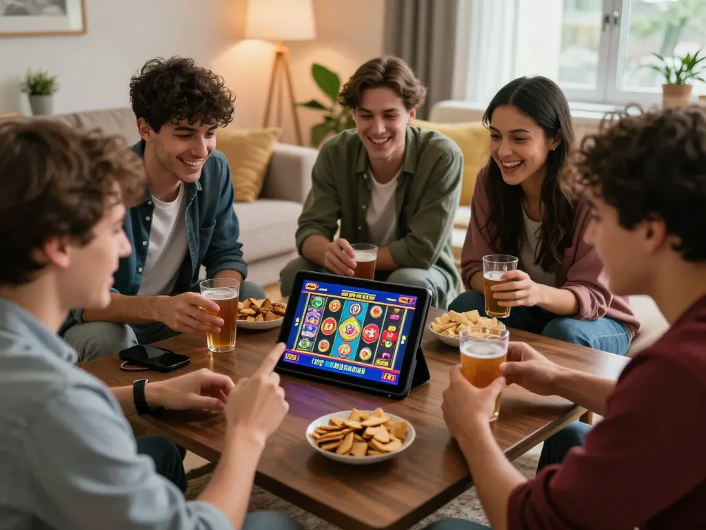 Engaging online gaming experience with friends using gi8 platform in a lively living room.