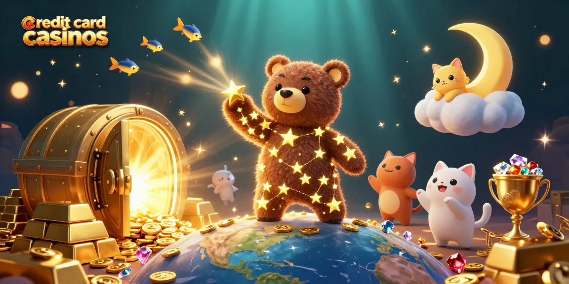 Experience the thrill of credit card casinos with a constellation bear collecting treasures.