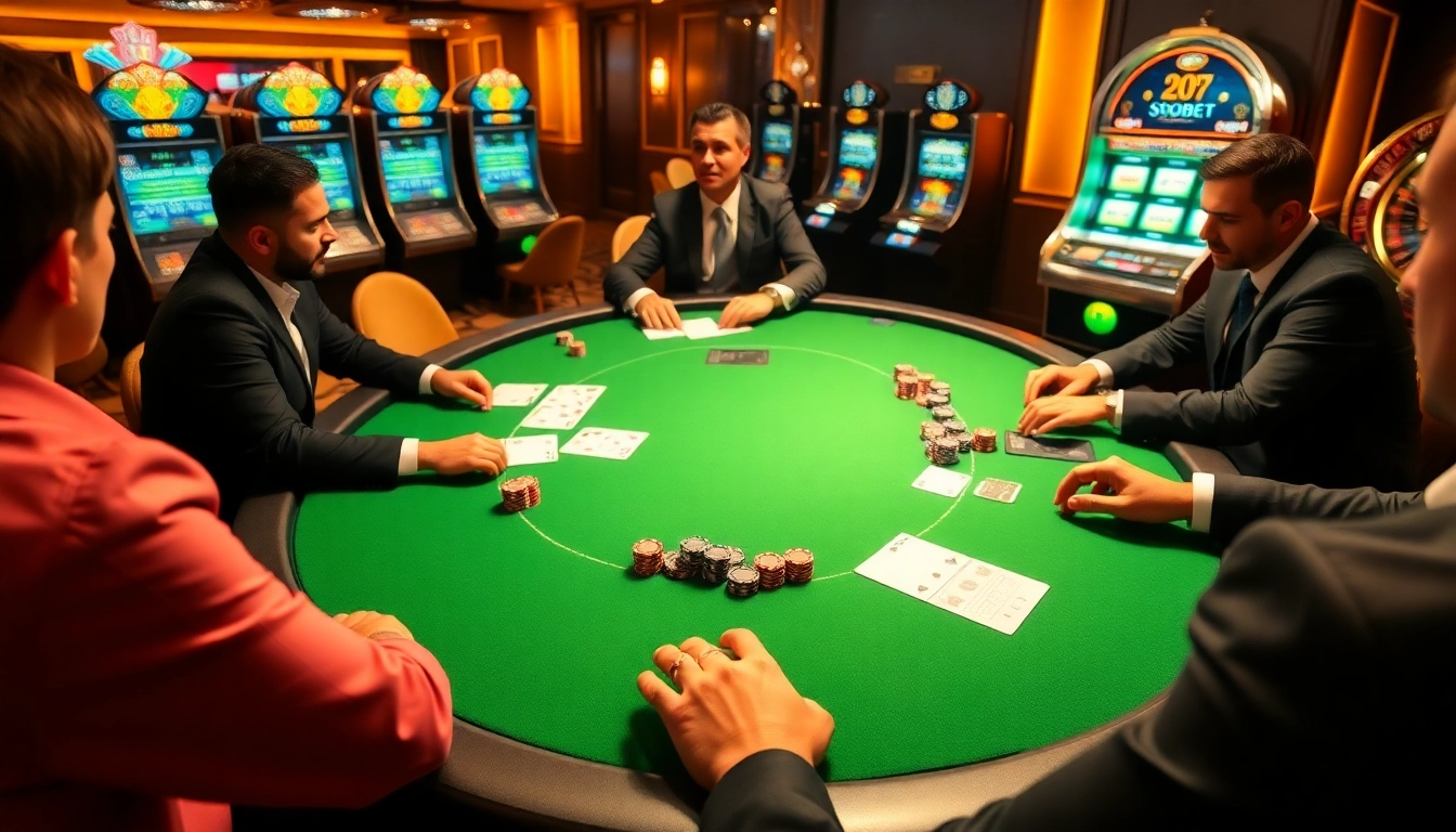 Gambler placing bets at a sbobet poker table in a luxurious casino setting.