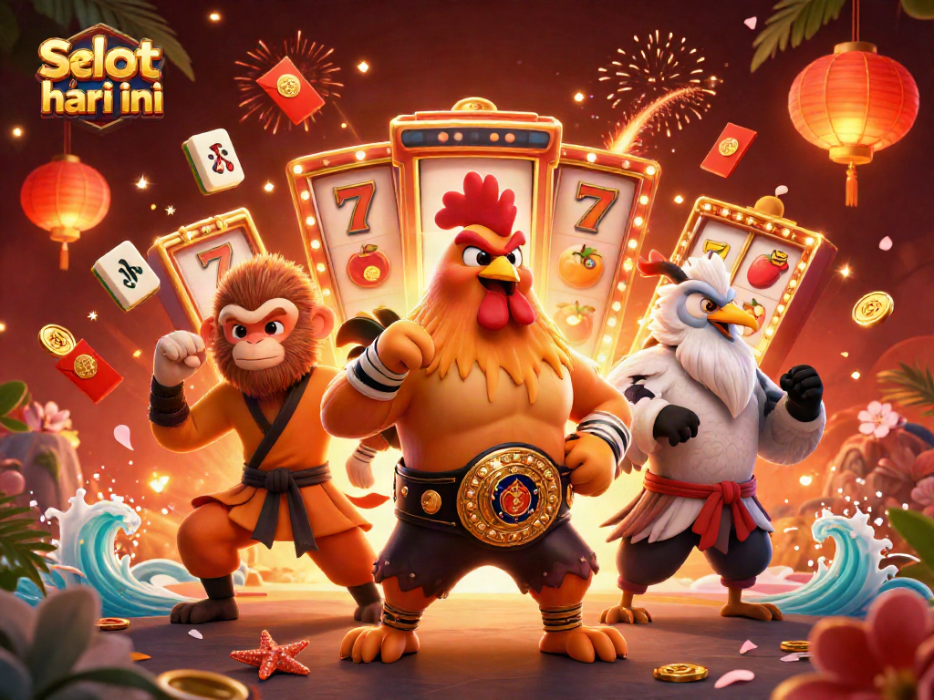 Spin the reels with Slot gacor hari ini as a fierce rooster, Shaolin monkey, and wise crane surround you in a vibrant illustration.